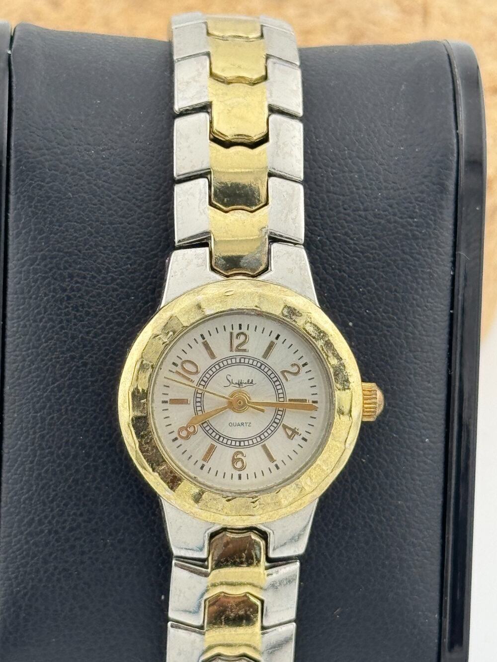 Sheffield Ladies Quartz Watch Two-Tone Hammered Bezel Silver Gold Bracelet